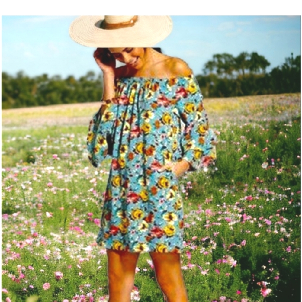 New Xhilaration Women’s Floral Print Off The Shoulder Bell Sleeve Boho Dress XXL
